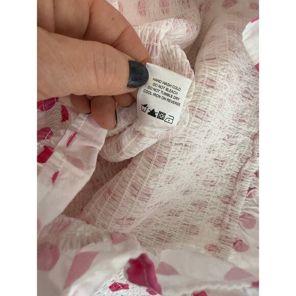 Lovers + Friends Burson Dress Women's Medium Smocked Hot Pink Polkadots Ruffle - Picture 5 of 6